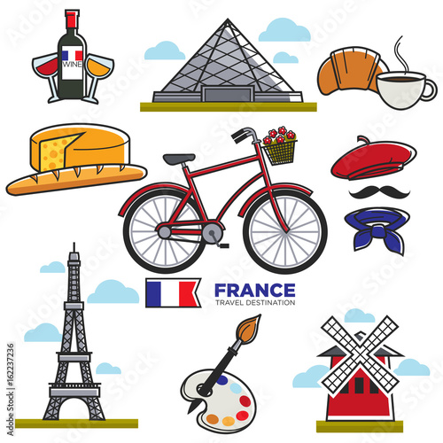 Travelling to France, touristic map with traditional elements photo