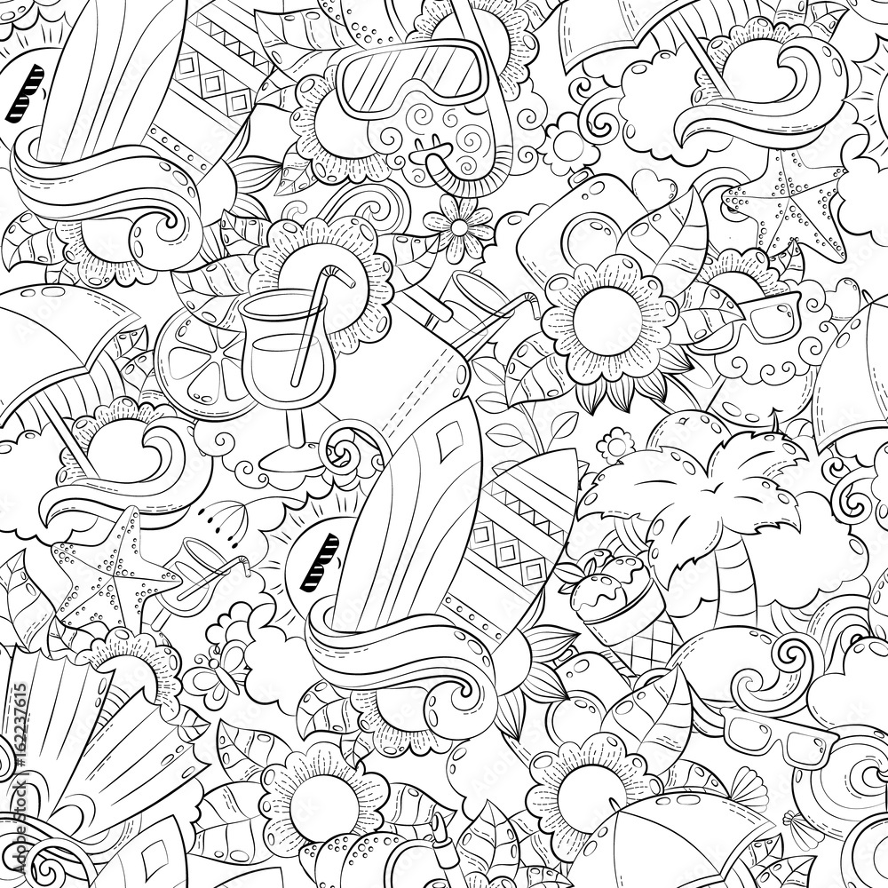 Seamless abstract vector doodle background, summer cartoon wallpaper. Comic pattern. Anti stress coloring book page for adults