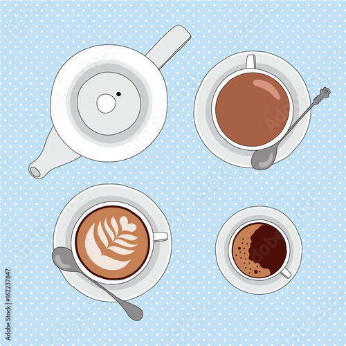 Vector illustration with tea and coffee cups, and tea pot