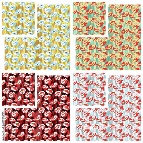 Four different art nouveau floral patterns realized in a minimal style. Flowers are floating over four different abstract backgrounds