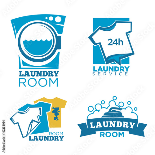Laundry service logotypes set with equipment and clothes