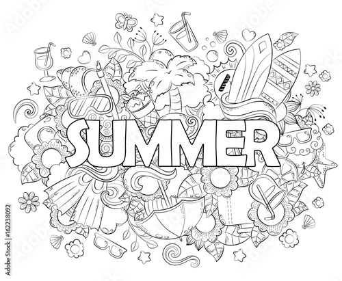 Doodle hand drawn vector illustration, background, texture, pattern, wallpaper, backdrop. Summer vacation, travel, recreation. Adult anti stress coloring book page with doodle and zentangle elements