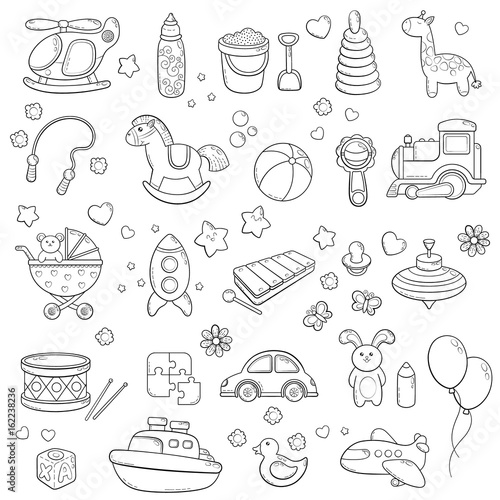 Background, texture, backdrop, pattern, wallpaper with children cartoon doodle toys. Educational games for kids, vector illustration. Baby shower. Icons collection set