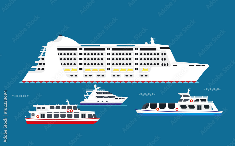 White big and small vessels in sea illustrations set