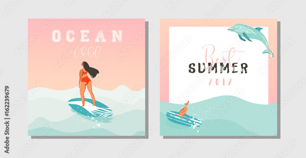 Hand drawn vector abstract exotic summer time funny save the date cards set collection template with surfer girls,surfboard,dog and typography quote on on blue ocean waves water