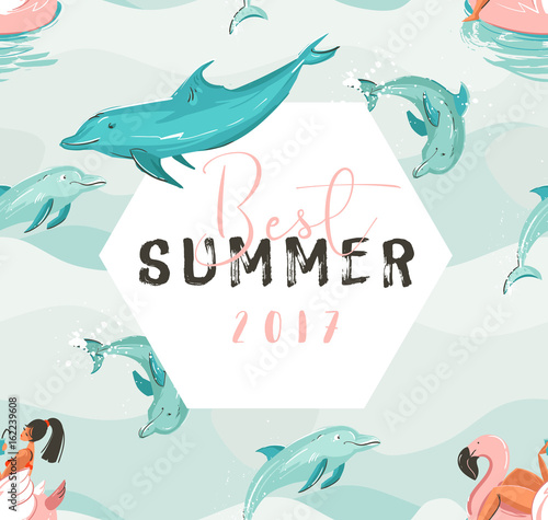 Hand drawn vector abstract cute summer time card with beach girl swimming on pink flamingo float circle  dolphins in blue ocean waves texture and Best summer typography