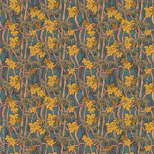 braided vegetation forest pattern. The design is rich of leaves and the decoration gets the neverending effect. All the graphic is on a blue-green background.  