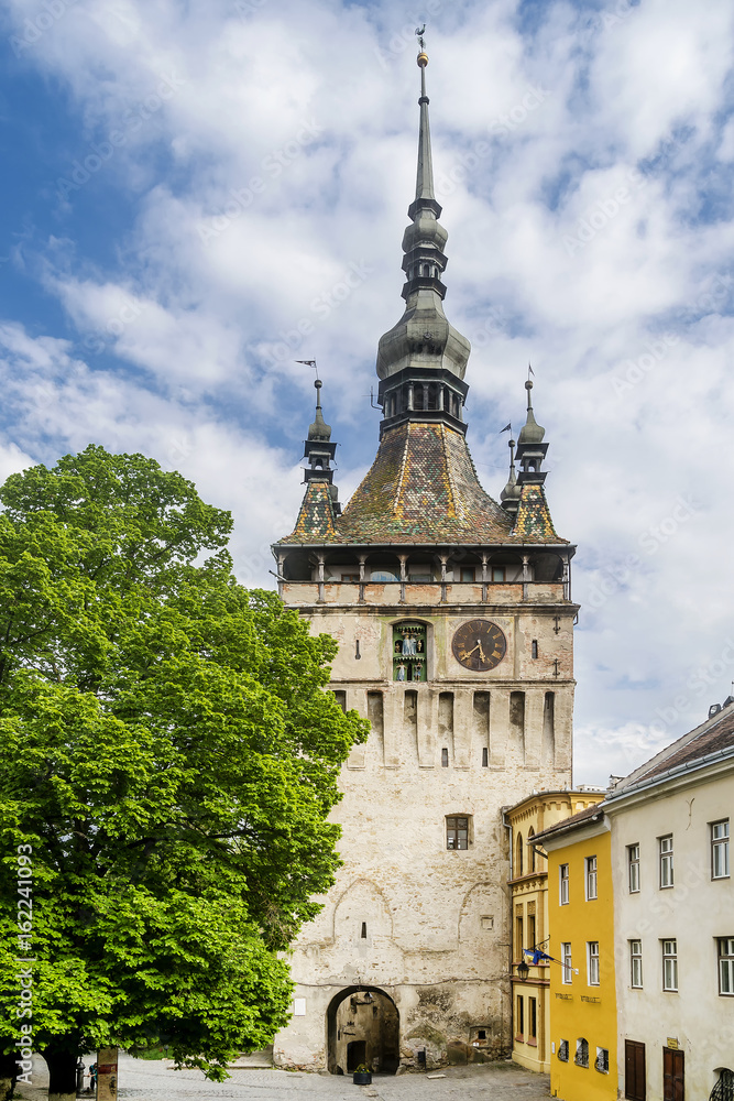 Beautiful vertical view of the famous Clock Tower Of The Citadel of Sighisoara, Romania