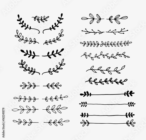 Hand drawn vector dividers. Lines, borders and laurels set. Doodle design elements.