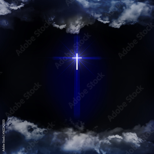 Christian Cross. Symbol of christian religion. The symbol is seen through the clouds in the night sky. Vector