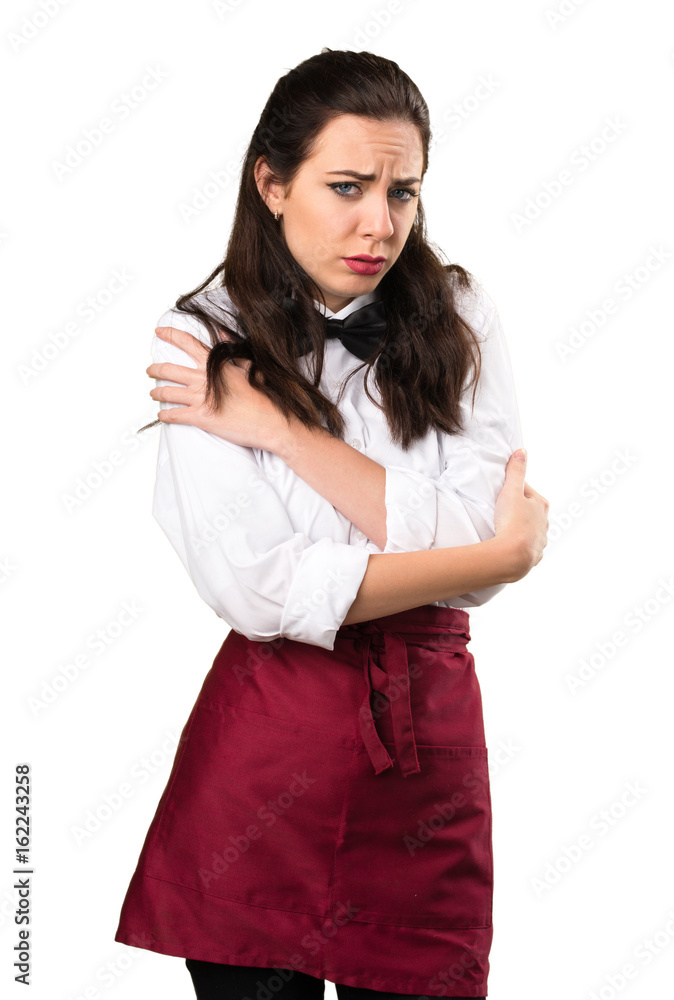 Young beautiful waitress freezing Young beautiful waitress freezing