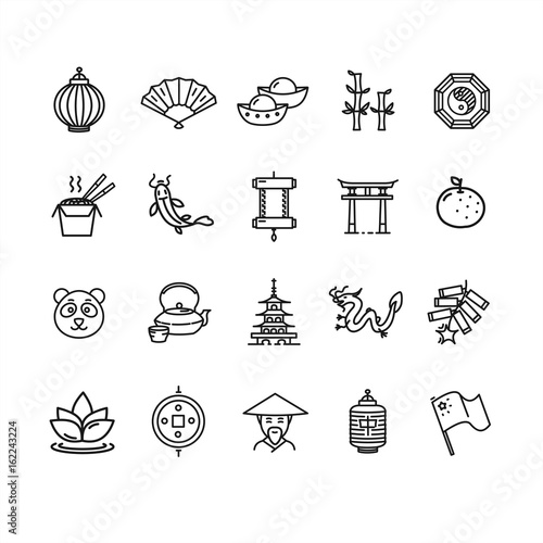 Symbol of China Black Thin Line Icon Set. Vector