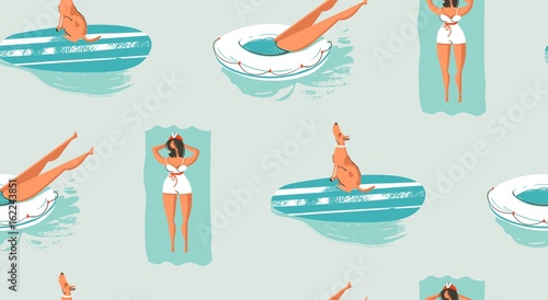 Hand drawn vector abstract vintage cartoon summer time fun seamless pattern of swimming people in the sea
