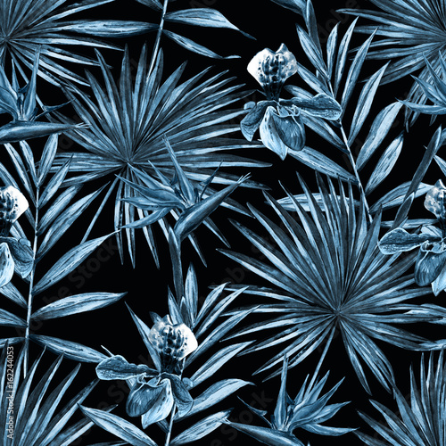 Seamless floral pattern with watercolor palm leaves, orchids  and strelitzia reginae flowers. Jungle foliage, blue trend hues on black background. Textile design.