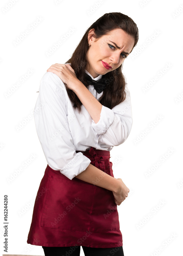Young beautiful waitress with shoulder pain Young beautiful waitress with shoulder pain