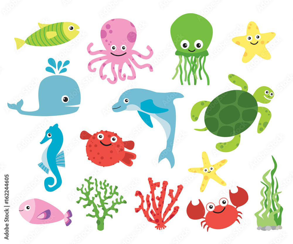 Cute vector sea creatures. Colorful cartoon illustrations of fish, octopus  . turtle, starfish. Stock Vector | Adobe Stock