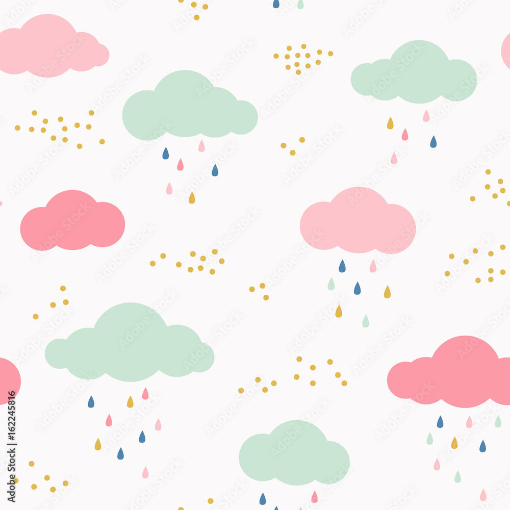 Vector kids pattern with clouds, rain drops and dots. Cute scandinavian seamless background in mint, pink, yellow and gray.