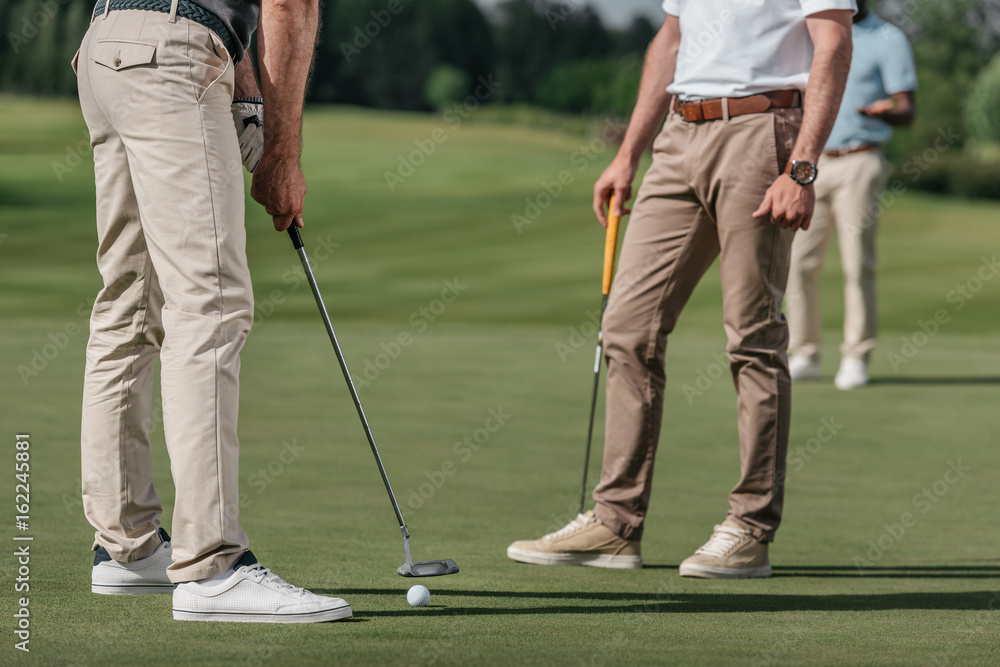 Obraz premium cropped shot of sportsmen playing golf together on golf course at daytime