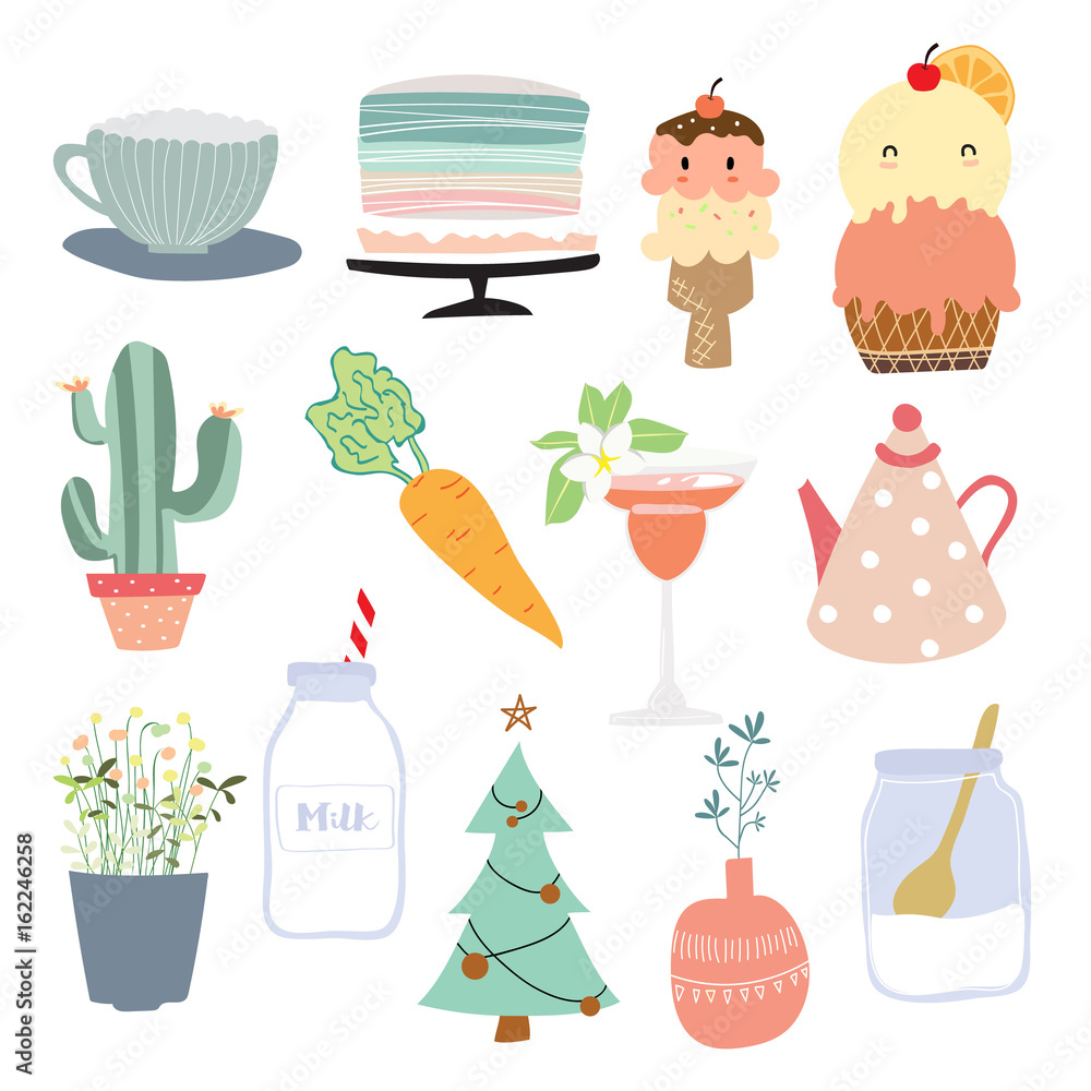 Cartoon icon collection with pot,cake,ice cream,carrot,flower,christmas,milk and cactus Cartoon icon collection with pot,cake,ice cream,carrot,flower,christmas,milk and cactus