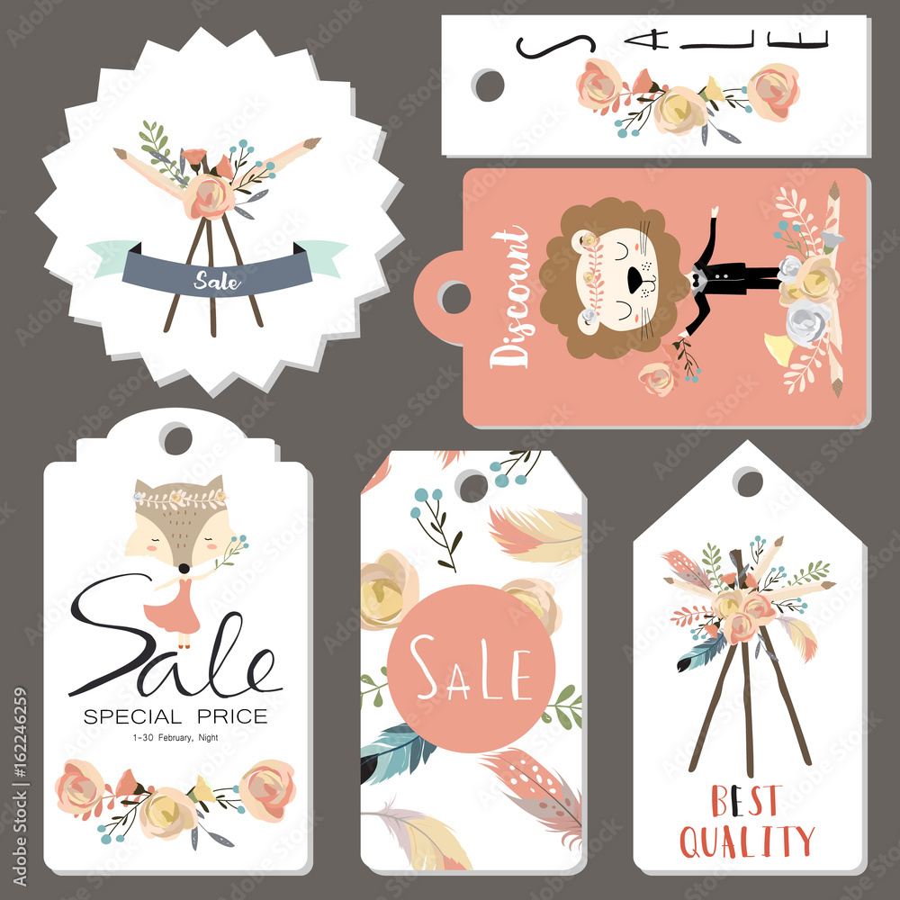 Fototapeta premium Light pink tag sale on summer with fox,feather,lion,flower and wreath