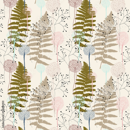 Floral pattern with fern leaves, dandelions and grasses.