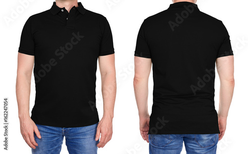 T-shirt design - young man in blank black polo shirt front and rear isolated