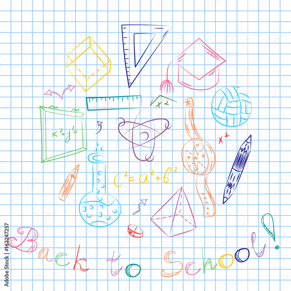Colorful Hand Drawn School Symbols. Children Drawings of Ball, Books,Pencils, Rulers, Flask, Compass, Arrows Arranged in a Circle on a Sheet of Copybook in a Cage. Doodle Style Vector Illustration.