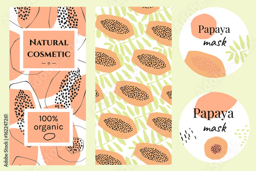 Set of labels for organic papaya cosmetics. Brochures in abstract style. Tropical motifs
