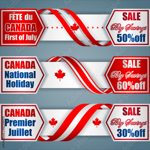 Set of web banners, backgrounds with  texts and national flag colors, for first of July, Canada national holiday, sales, commercial event