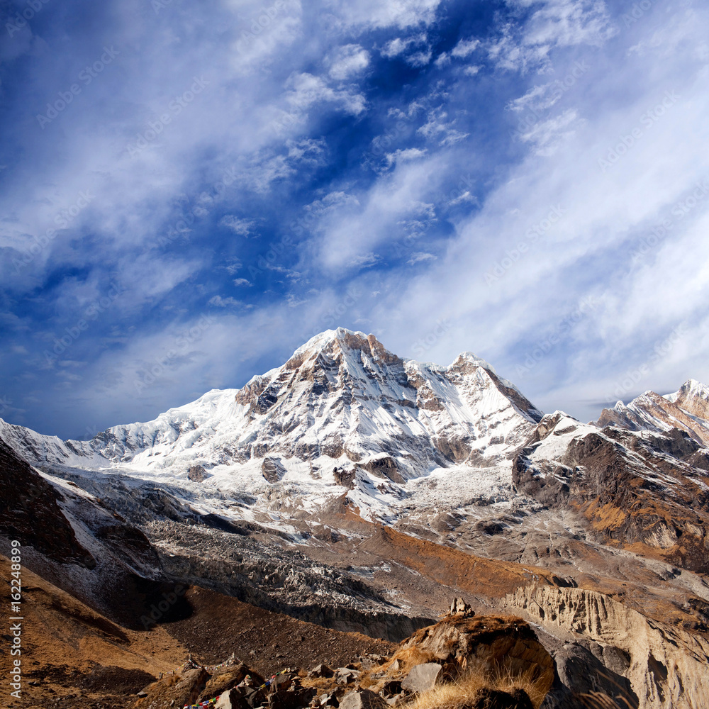 Mount Annapurna panoramic view from Annapurna Base Camp - trekking in the Nepal Himalaya