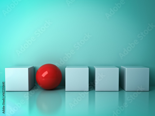 Stand out from the crowd and different creative idea concepts , One red sphere standing among white square boxes on green background in the row with reflections and shadows . 3D rendering.