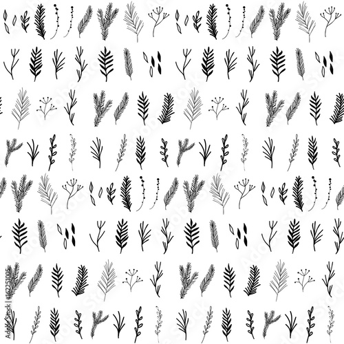 Floral seamless pattern with hand drawn pine and fir trees twigs and leaves.