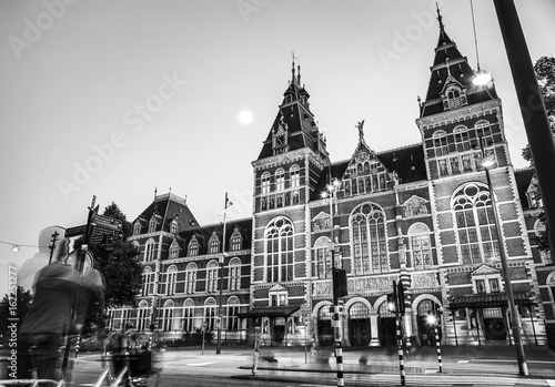 Amsterdam at summer black-white photo. Famous national Rijks museum general view.