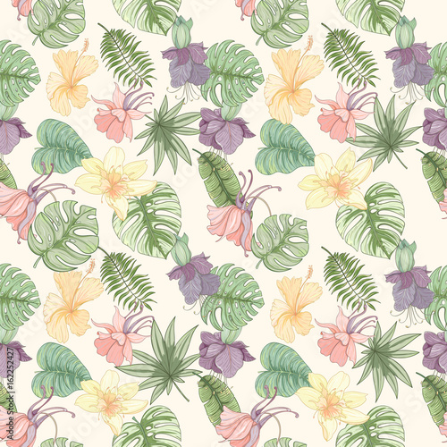 Seamless tropical palm leaves and flowers pattern © Mespilia