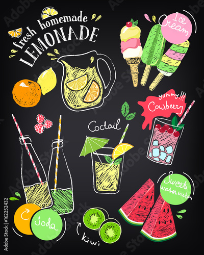Set of hand drawn stickers and icons of summer food and drink. Vector illustrations for beach restaurant and bar menu, vacation and party. Ice cream. Sketch on chalkboard