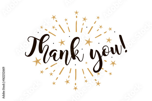 Thank you. Beautiful greeting card poster with calligraphy black text Word gold fireworks star. Hand drawn design elements. Handwritten modern brush lettering on a white background isolated vector