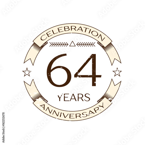 Realistic sixty four years anniversary celebration logo with ring and ribbon on white background. Vector template for your design photo