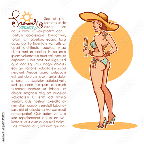Summer season, cartoon vector girl in large hat