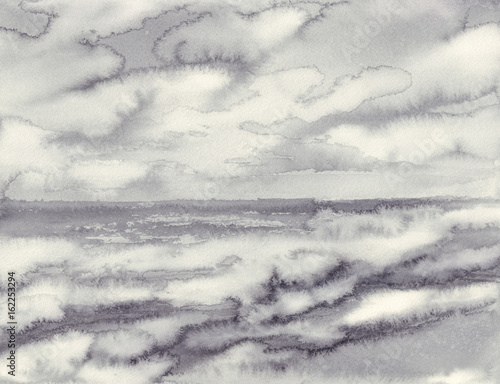 morning mist by the sea black white watercolor background