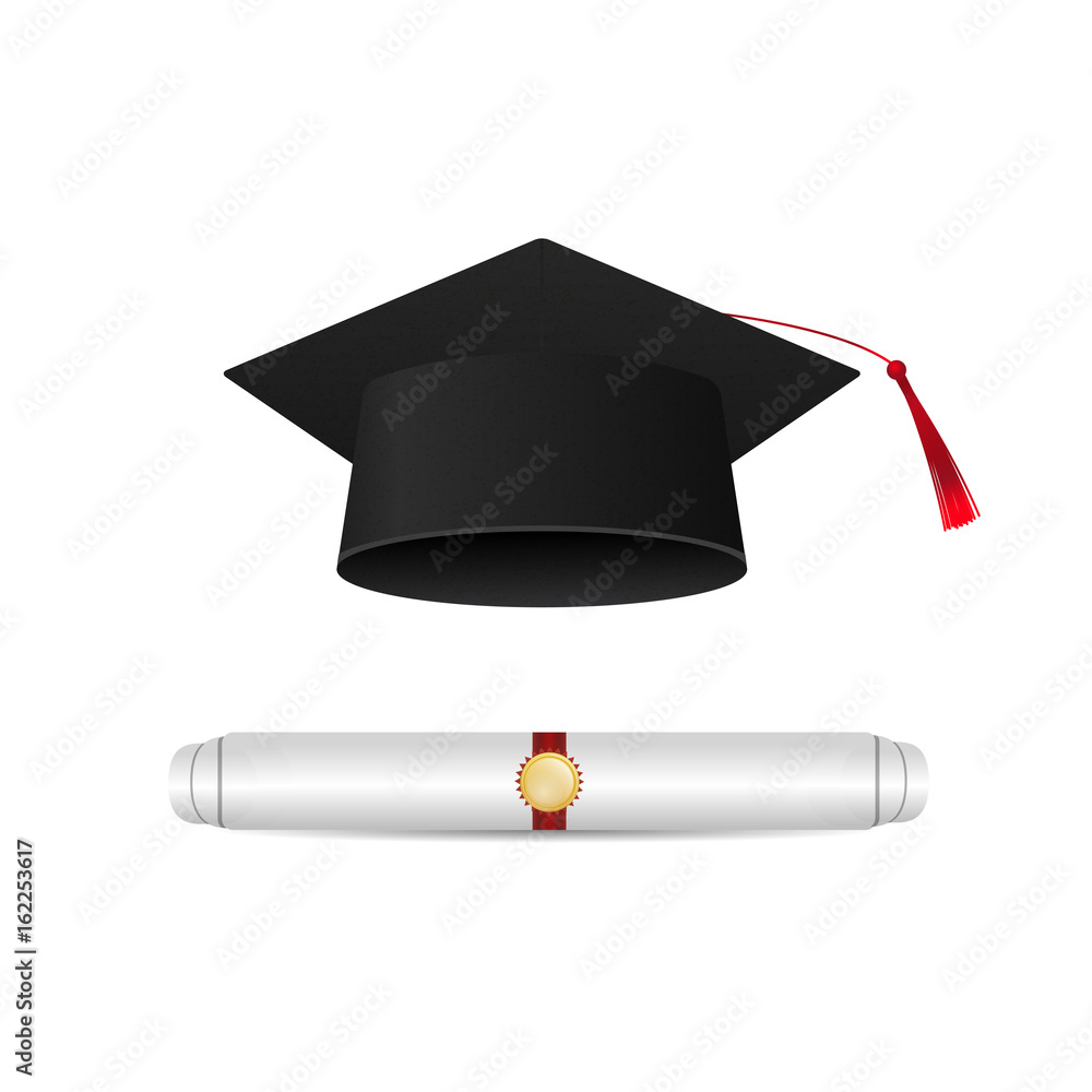 Vector realistic isolated graduation cap and degree diploma on the ...