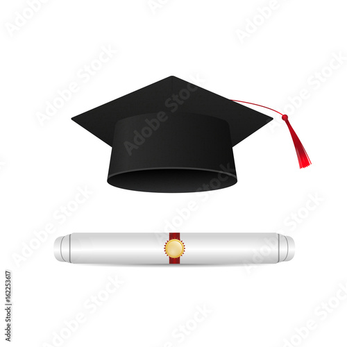 Vector realistic isolated graduation cap and degree diploma on the white background for photo decoration and covering. Concept of education, graduation and back to school.