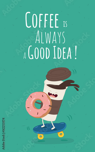Cartoon comic coffee cup and donut. Take coffee and donut with you. Vector cartoon illustration. Coffee to go.