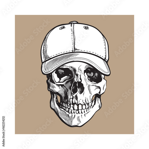Hand drawn human skull wearing black and white unlabelled baseball cap, sketch vector illustration isolated on brown background. Realistic hand drawing of skull wearing baseball cap