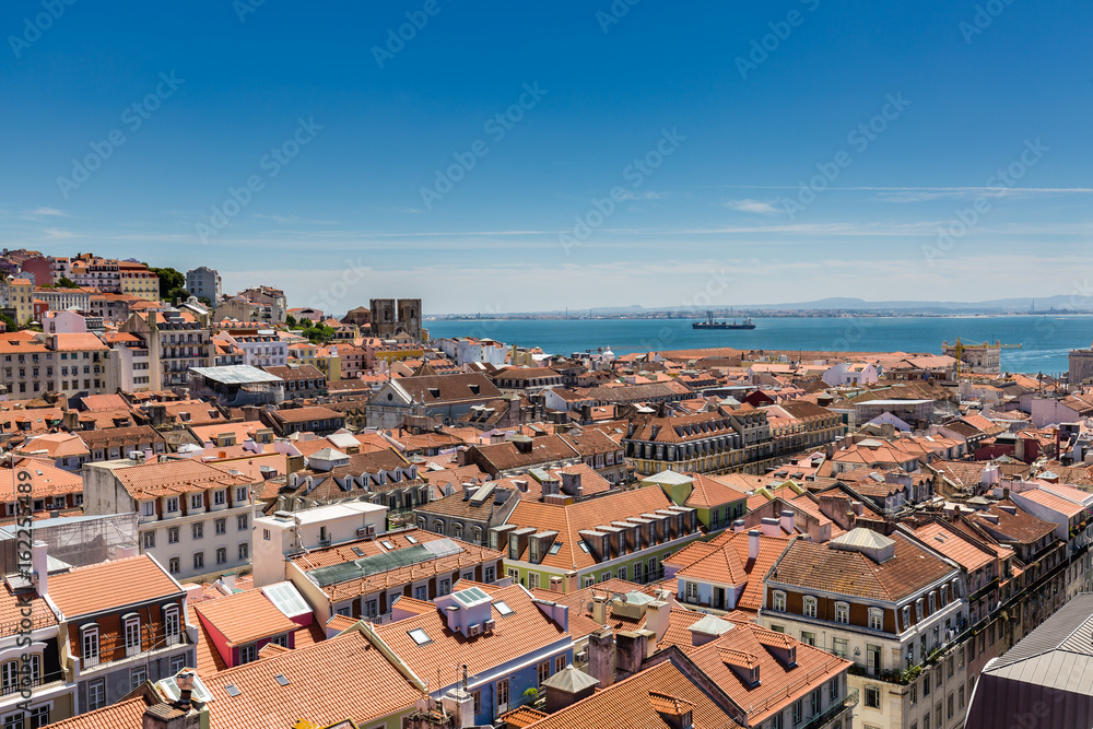 Aerial view of the red roofs of Alfama, the historic area of Lisbon