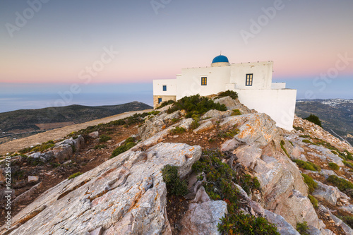 Church of Agios Symeon above Kamares village at sunset.
 photo