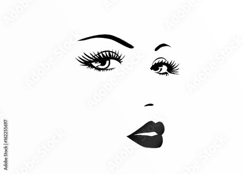Beautiful face of a woman, black and white vector illustration