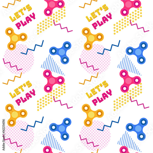 Fidget spinner seamless memphis pattern or background with colorful icons of modern rotating toys vector illustration