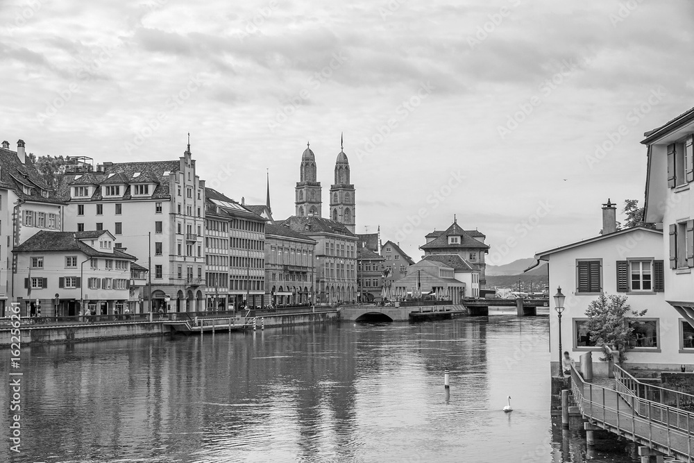 Downtown Zurich, Limmatquai with Grossmunster and town hall