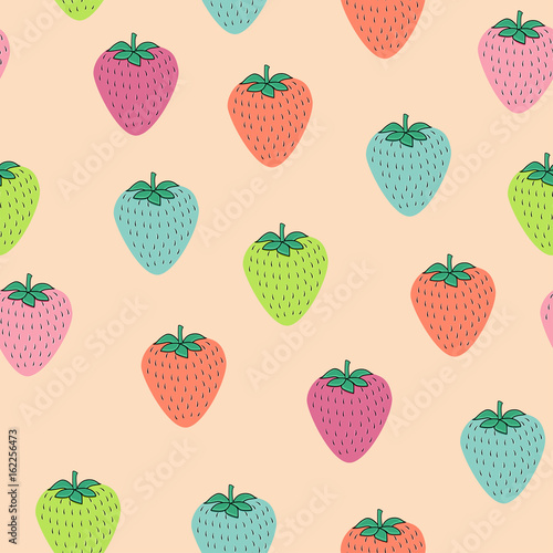 Fototapeta Naklejka Na Ścianę i Meble -  Seamless pattern with juicy strawberries on black background. Cute vector background. Bright summer fruits illustration. Fruit mix design for fabric and decor.Funny wallpaper for textile and fabric.