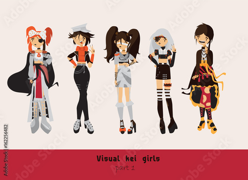 Lovely visual kei girls. Different hairstyles, emotions, accessories, posing isolated on background. Creative collection with subculture lolly style, gothic